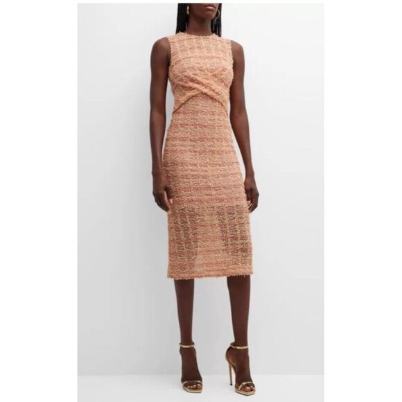 New St. John Gossamer Draped Peach Plaid Midi-Dress size 10 - Picture 5 of 15